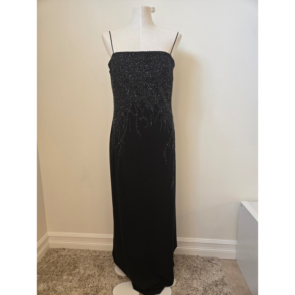 JS Boutique Black Beaded Evening Gown Maxi Formal Dress Spaghetti Strap Size 14